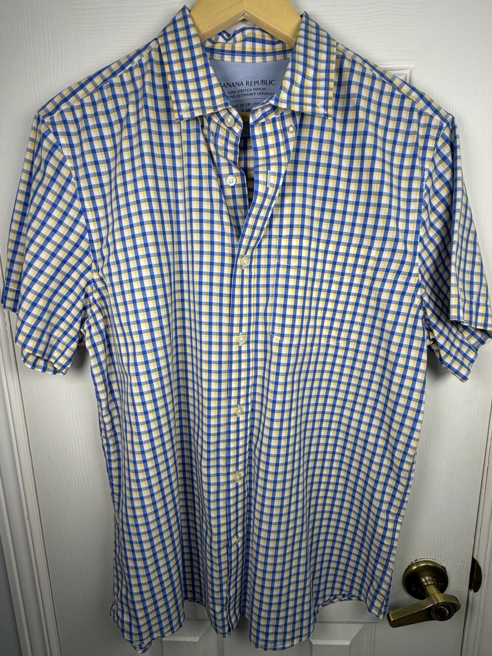 Banana Republic Mens Blue White Gingham Shirt L Short Sleeve Luxe Stretch Poplin
